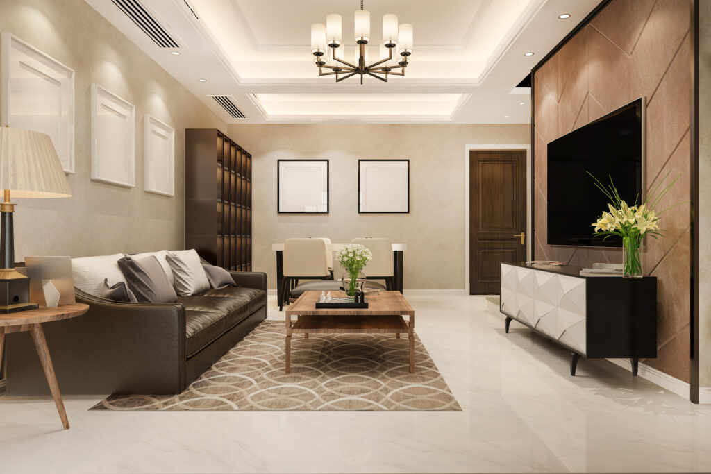 3d rendering modern dining room and living room with luxury decor